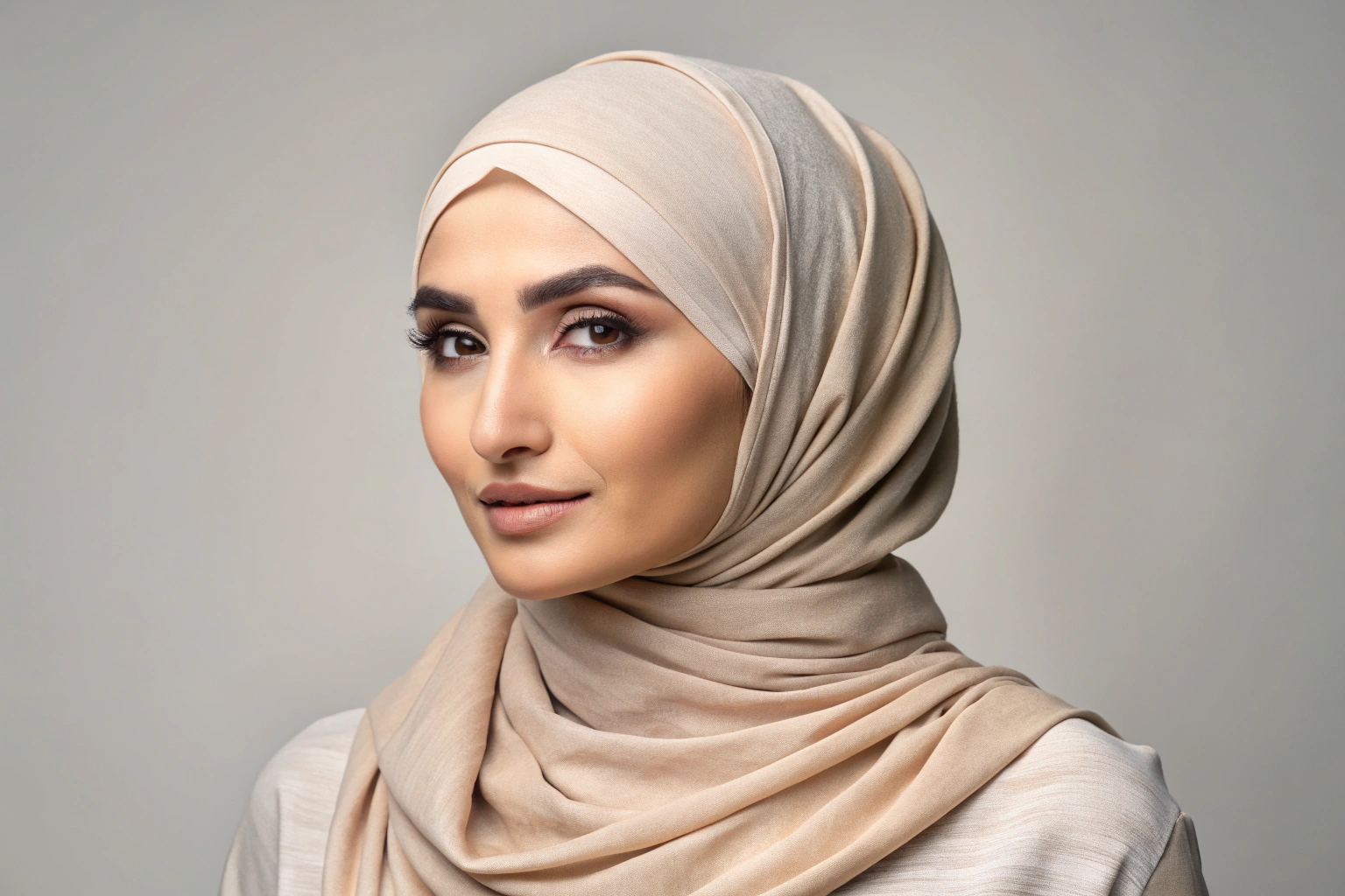 Ein hochwertiger, faltenfreier Hijab aus weichem Baumwollstoff in einem neutralen Beigeton, der kunstvoll auf einem schlichten Hintergrund drapiert ist, um Eleganz und Alltagstauglichkeit zu symbolisieren