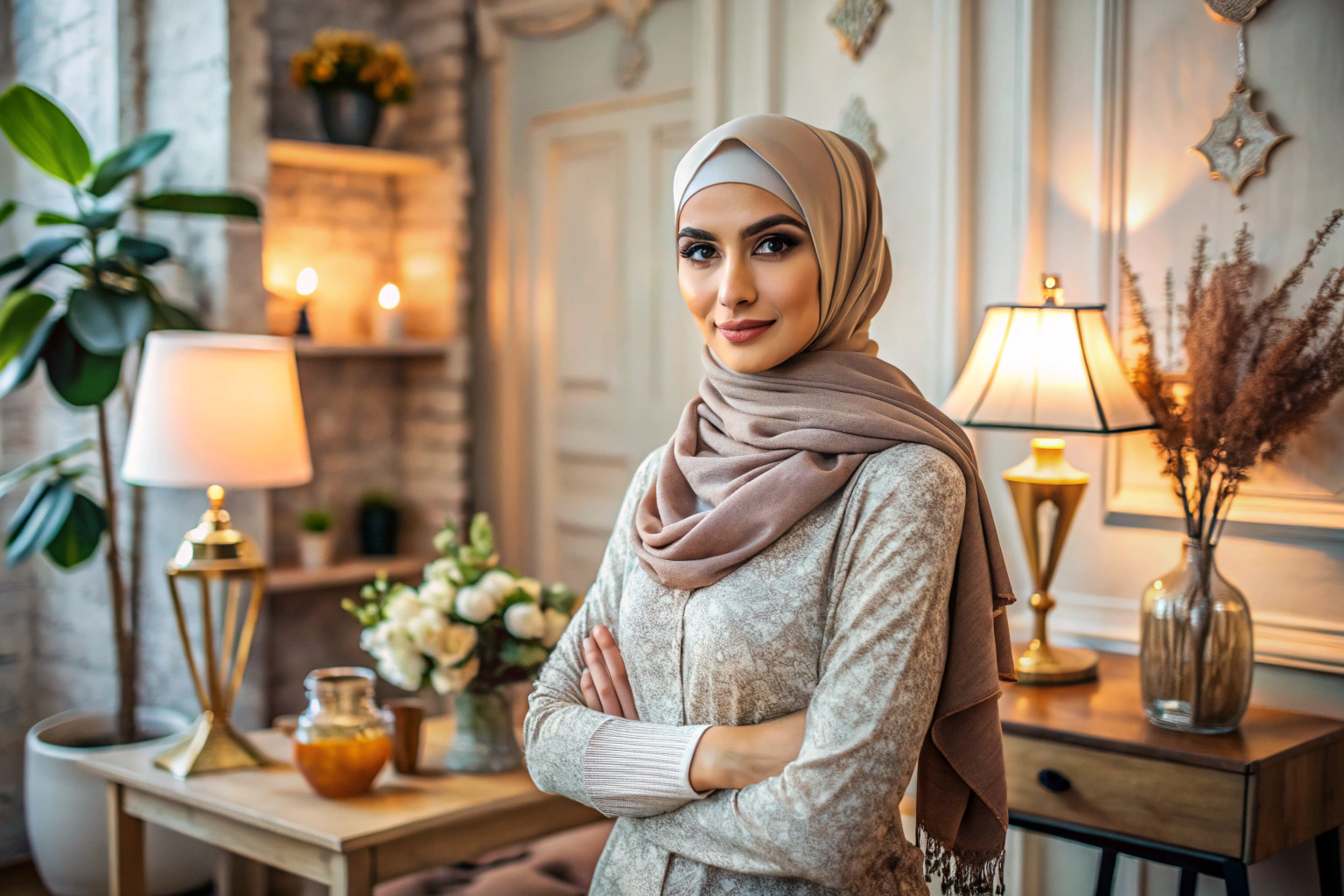 Eine Frau trägt einen stilvollen Hijab in einem neutralen Raum, umgeben von dekorativen Elementen, die Modetrends symbolisieren