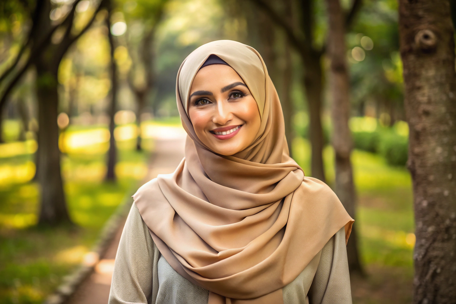 Eine muslimische Frau mit einem kunstvoll gebundenen Hijab in warmen Erdtönen, die lächelnd in einer natürlichen Umgebung wie einem Park steht, um Eleganz und Spiritualität zu betonen