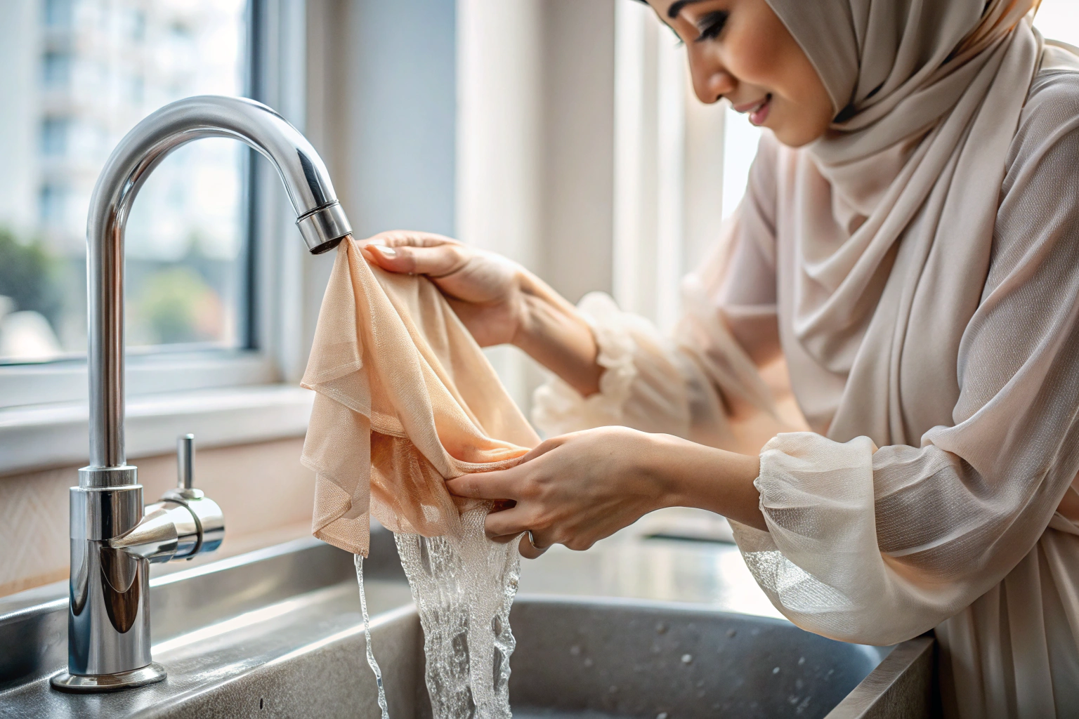 A close-up of a hand holding a delicate chiffon hijab under running water in a sink, showing the fabric